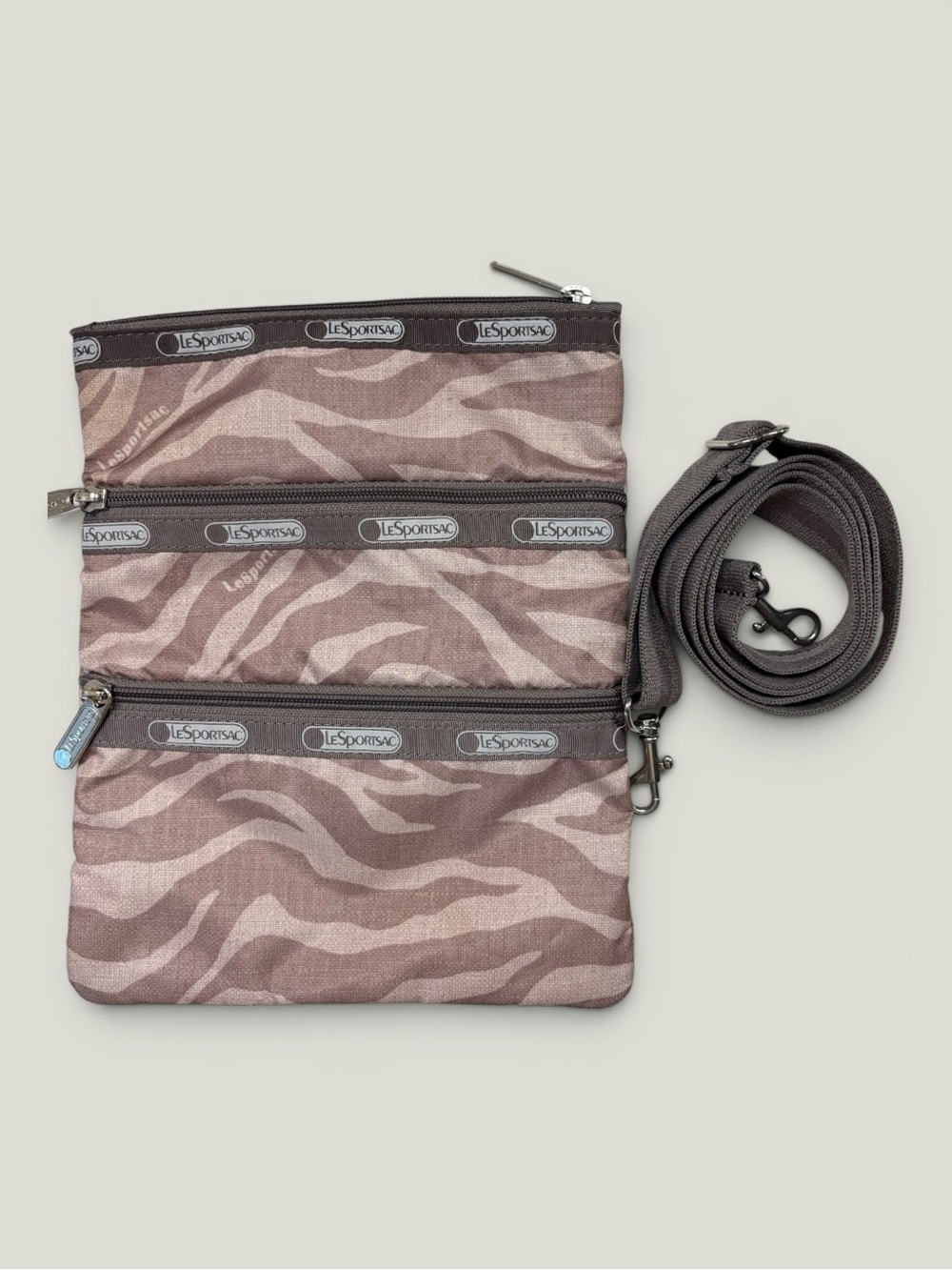 Lesportsac Brown Zebra Triple-Zip Crossbody Messenger